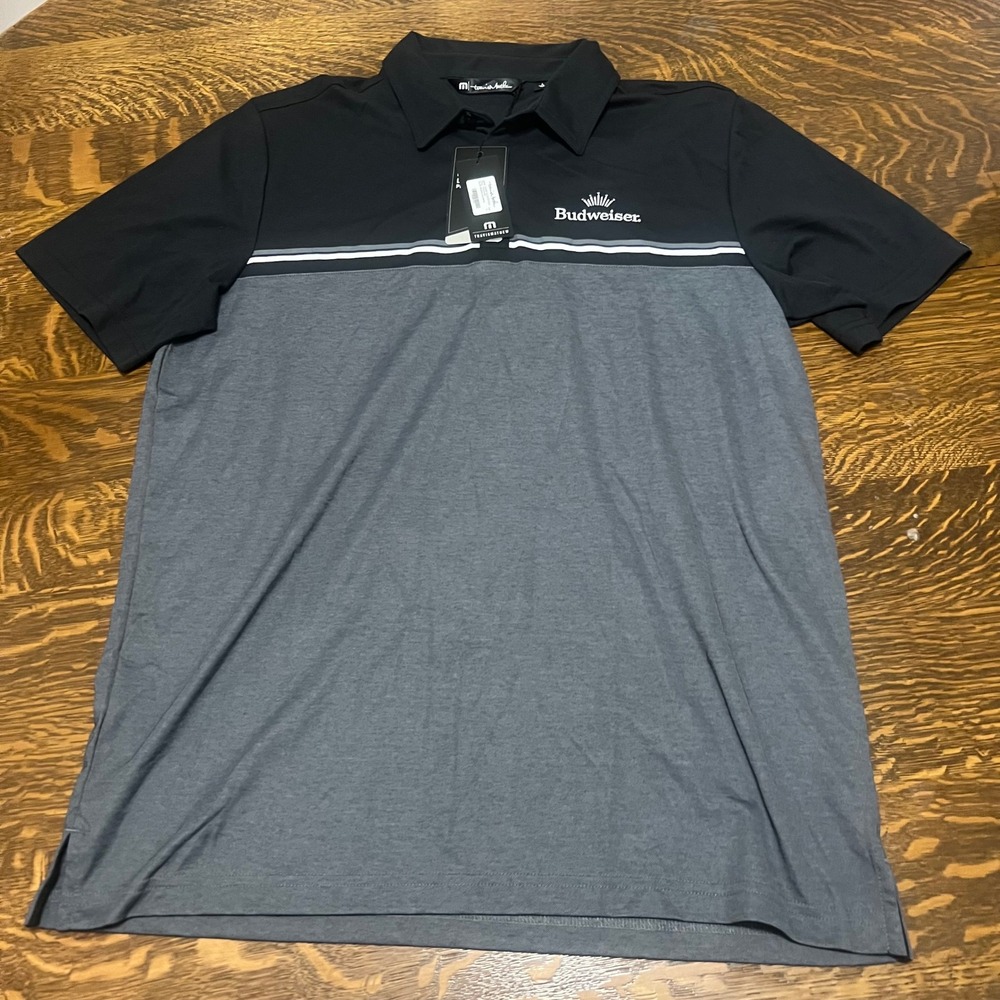 TravisMathew Polo Shirt Mens L Black Grey Sunset Blocked Budweiser TM1MY401